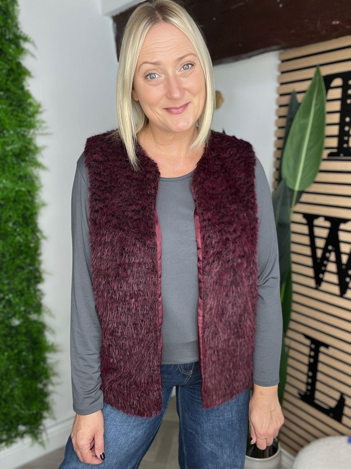 Faux Fir Gilet - Wine