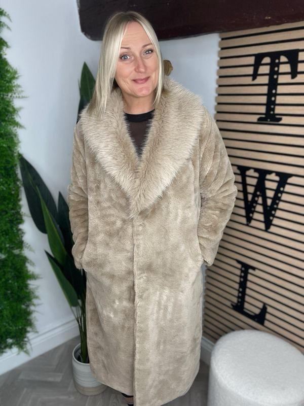 Faux Fur Midi Length Jacket -Stone