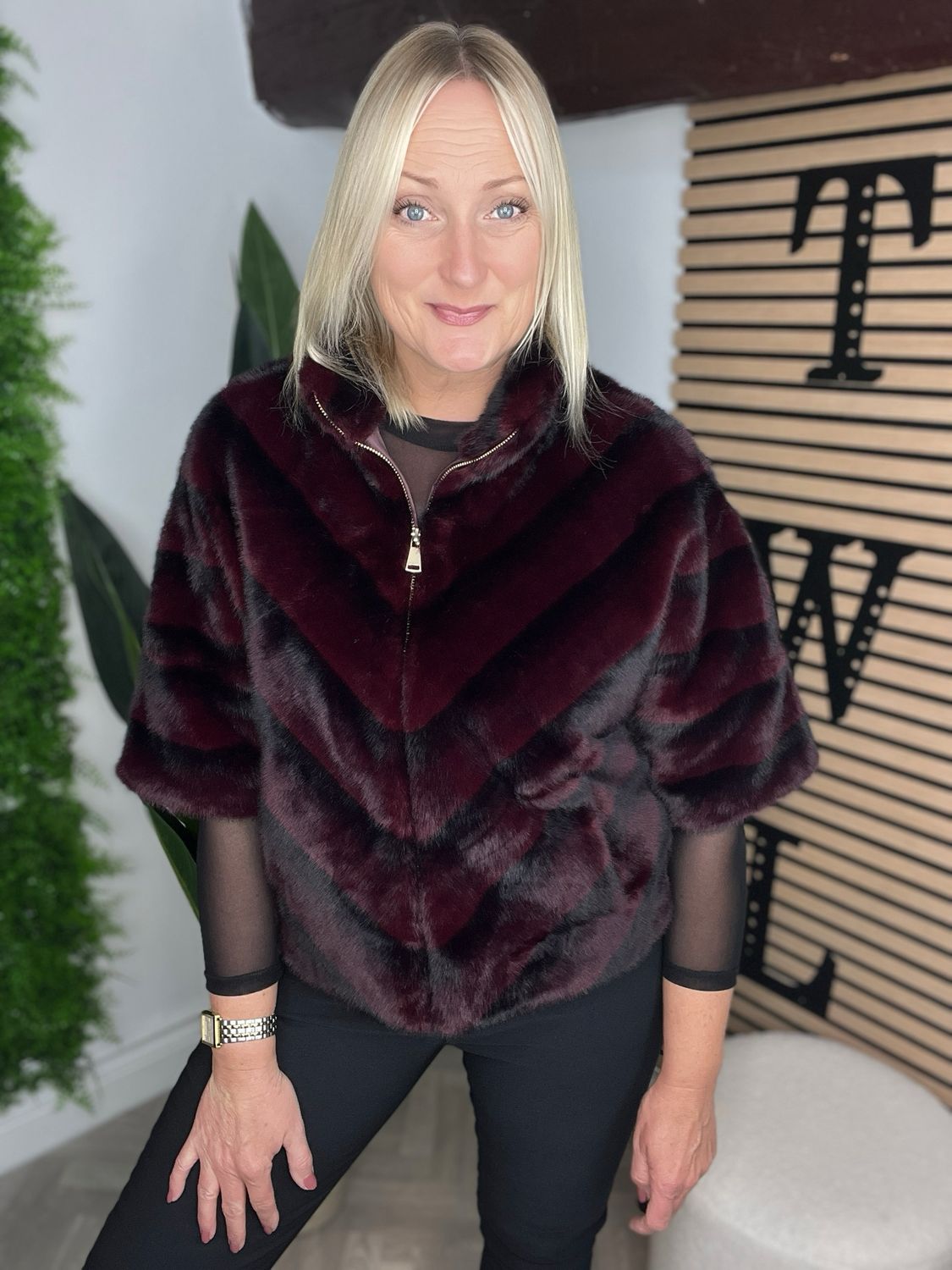 Faux Fur Swing Coat - Wine & Black