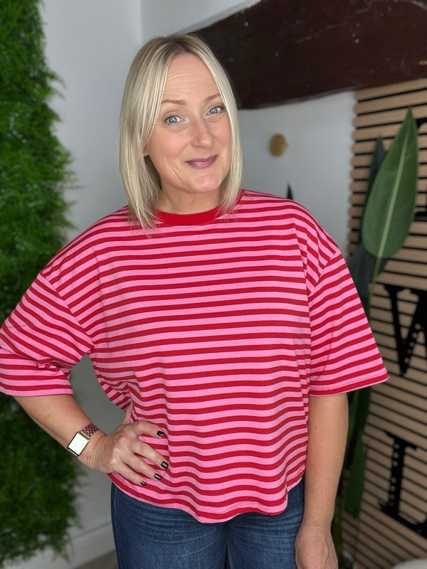 Striped Box Fit Top - Red & Pink Striped Box Fit Top - Red & Pink