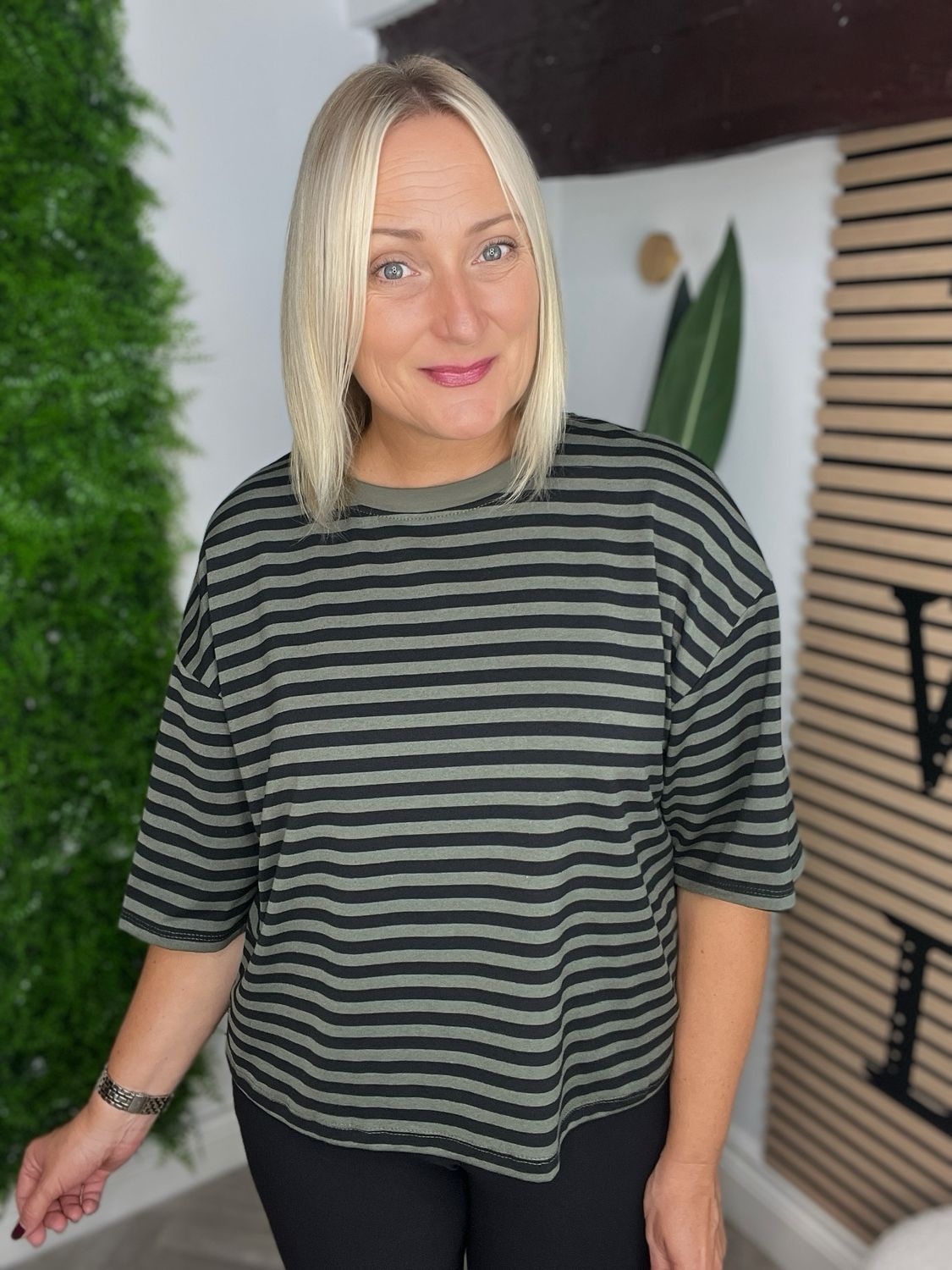 Striped Box Fit Top - Khaki & Green
