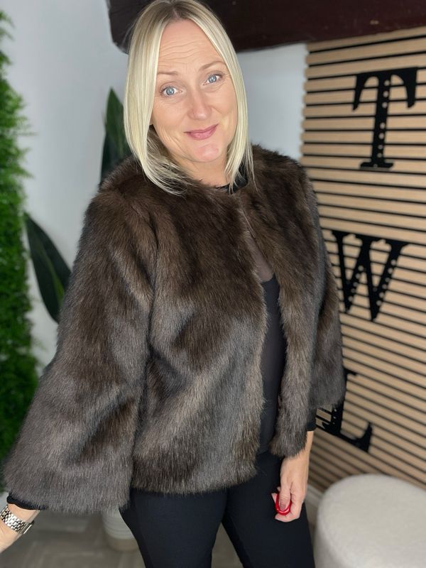 Faux Fur Swing Coat - Chocolate