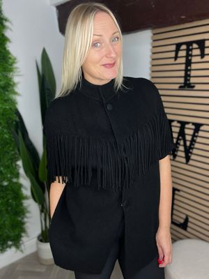 Fringe Detail Knit Jacket - Black
