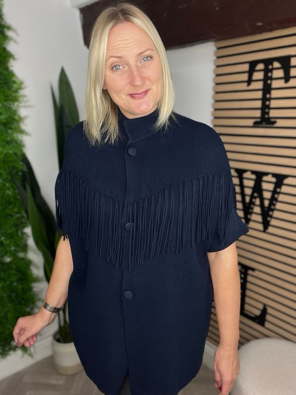 Fringe Detail Knit Jacket - Navy
