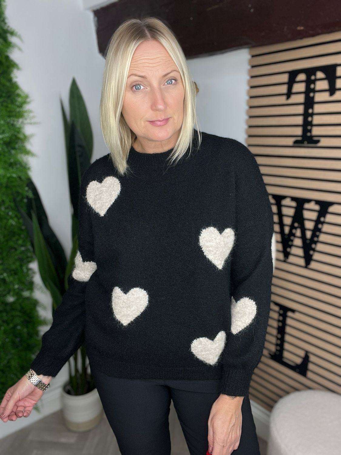 Heart Knit Jumper - Black & Ecru
