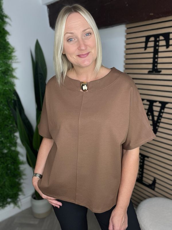 Scuba Gold Button Detail Top - Caramel