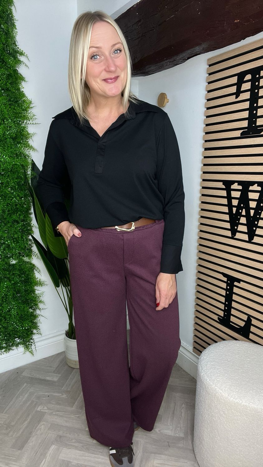 Herringbone Relaxed Straight Leg Trouser - Grape