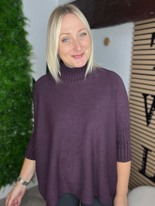 Rib Neck & Sleeve Detail Jumper - Plum