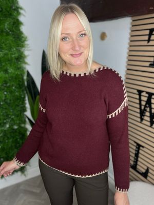 Blanket Stitch Jumper - Wine & Camel