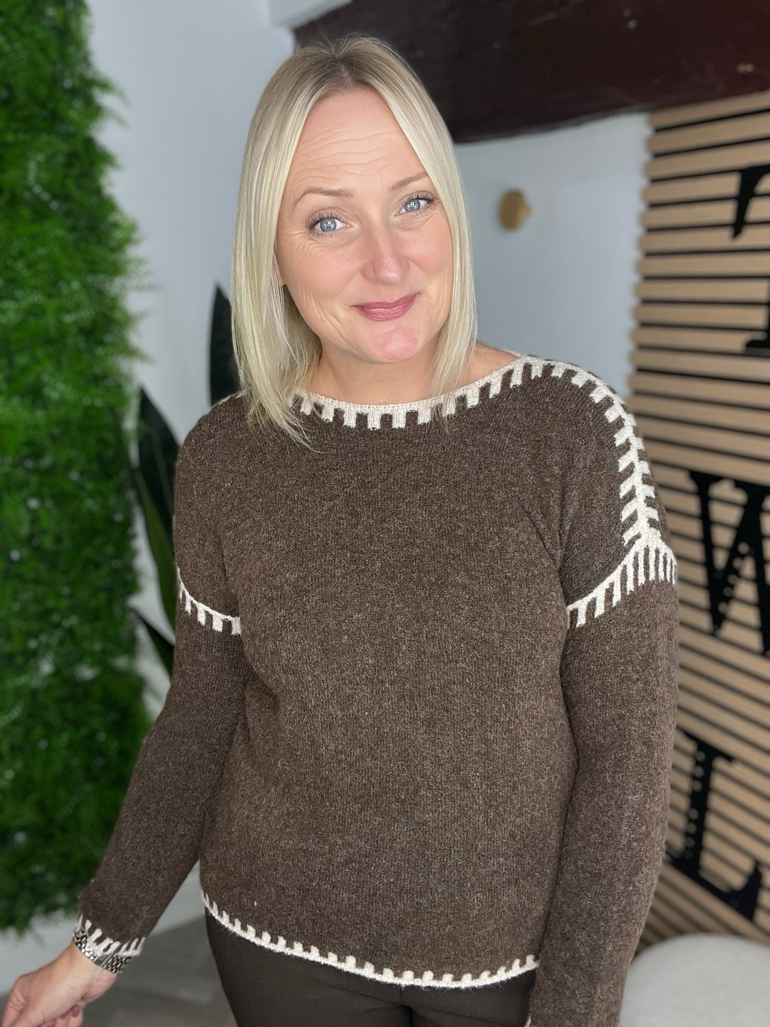 Blanket Stitch Jumper - Chocolate & Camel