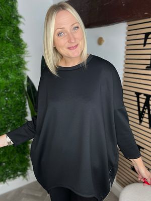Scuba Zip & Dipped Hem Sweatshirt - Black