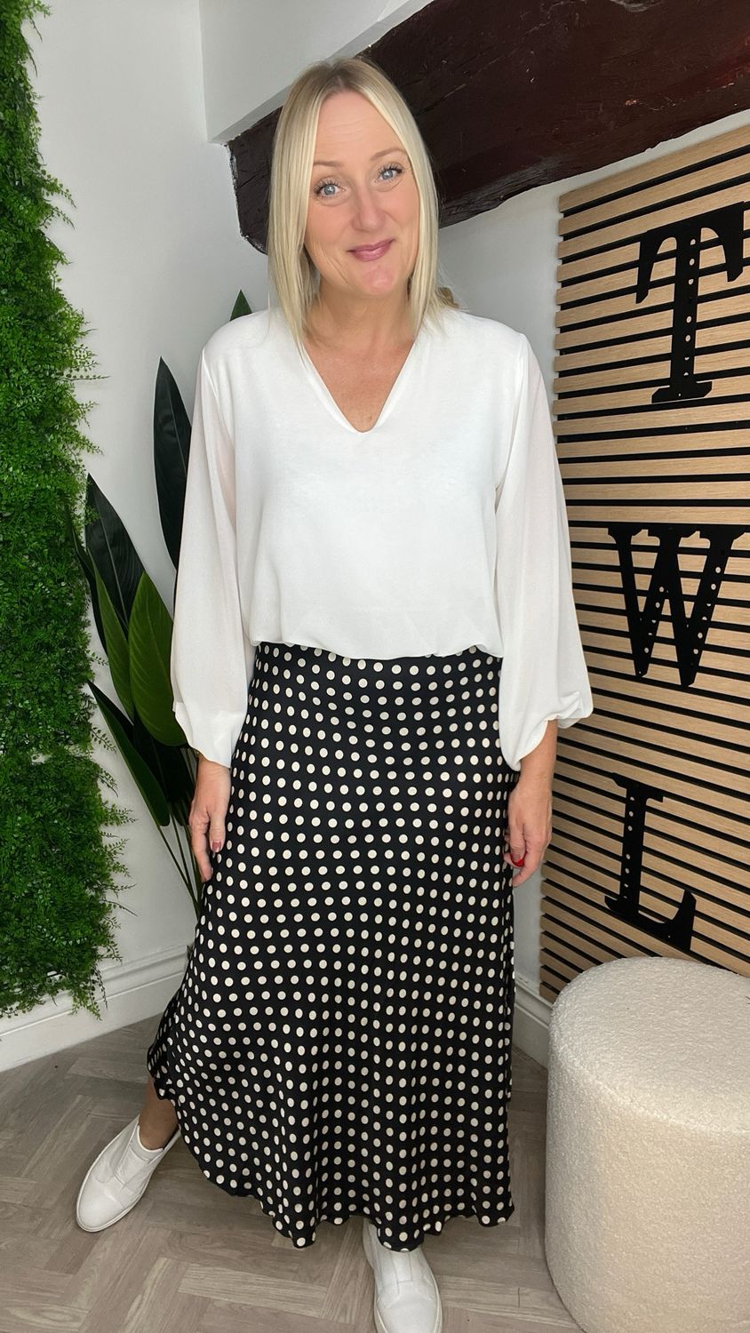 Bias Cut Silk Blend Skirt - Polka Dot Black