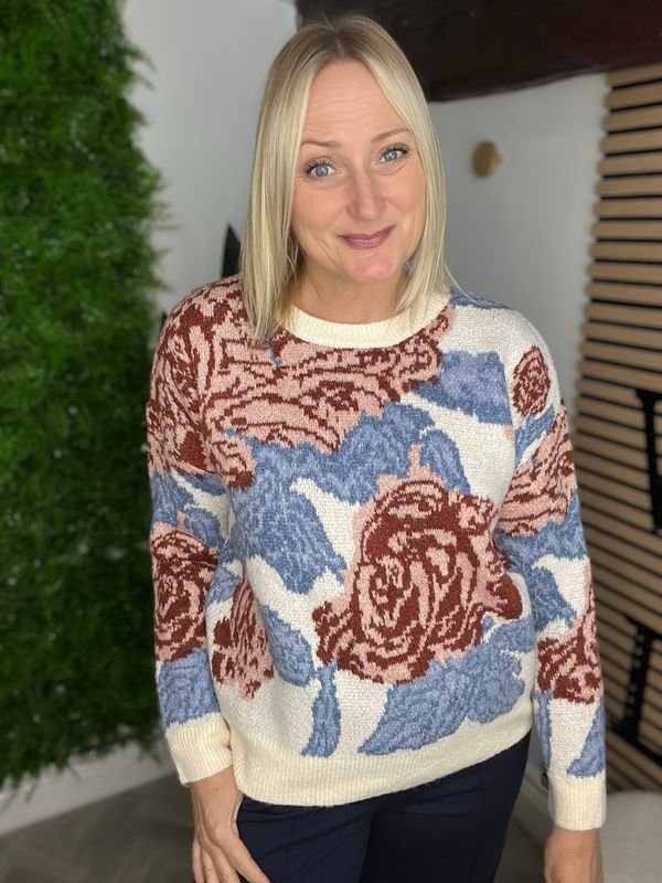 Floral Rose Knit Jumper - Pink & Blue Mix