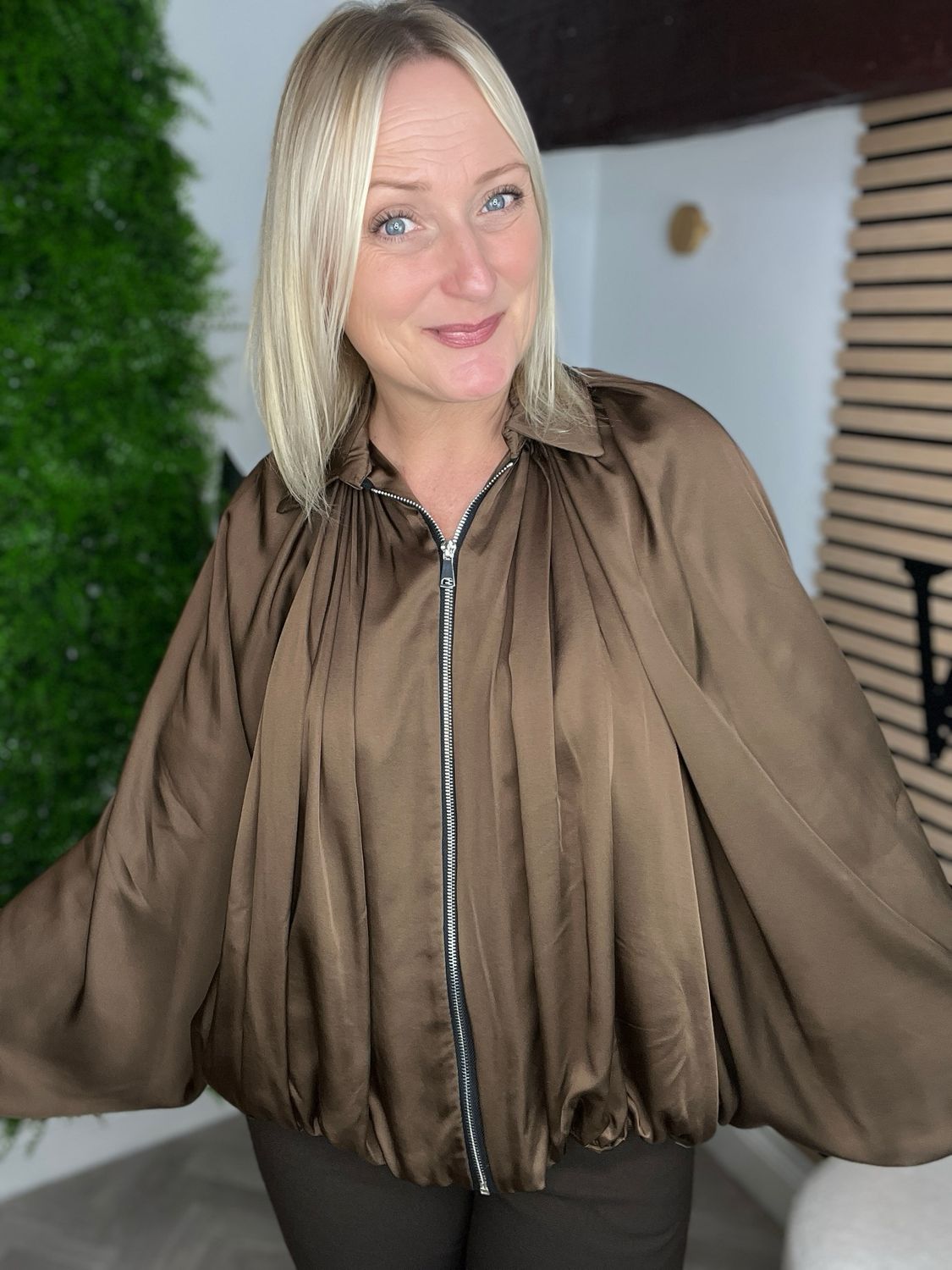 Bomber Jacket With Bubble Hem - Chocolate