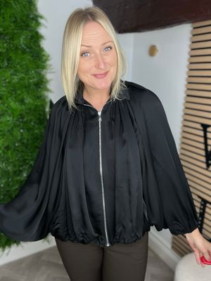 Bomber Jacket With Bubble Hem - Black Bomber Jacket With Bubble Hem - Black