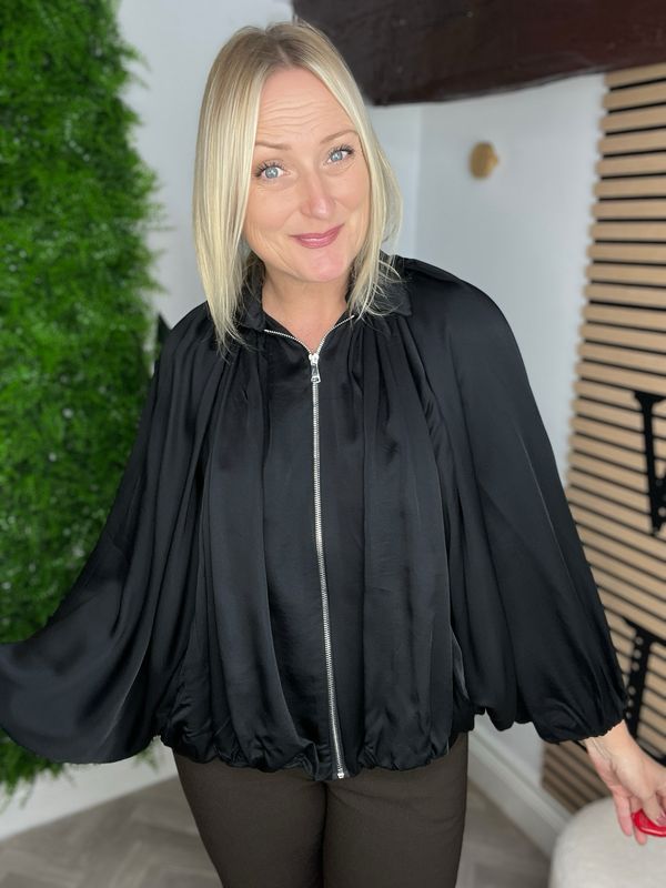 Bomber Jacket With Bubble Hem - Black