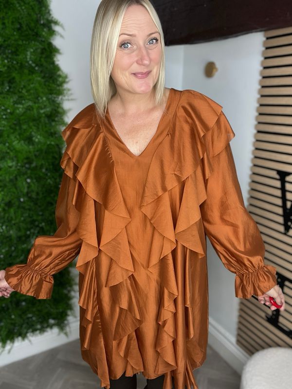 Frill Front Dress - Warm Cinnamon