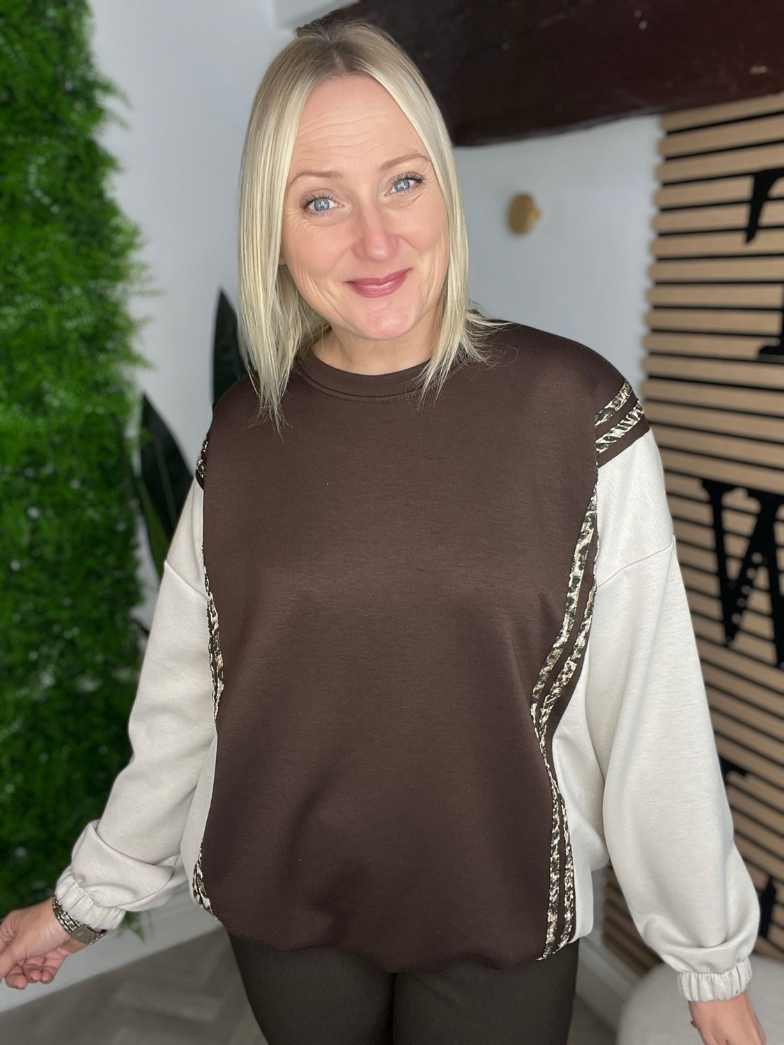 Block Colour And leopard Stripe Top - Choc & Stone