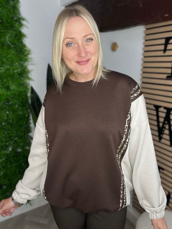 Block Colour And leopard Stripe Top - Choc & Stone