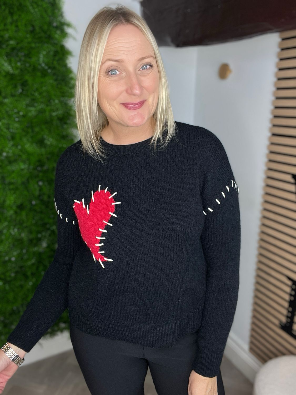 Stitch Heart Jumper - Black & Red