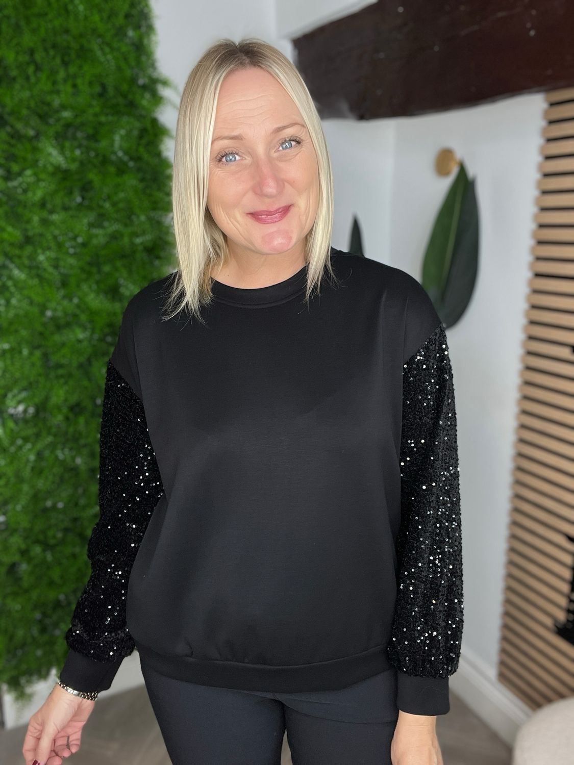 Sequin Sleeves Scuba Top - Black