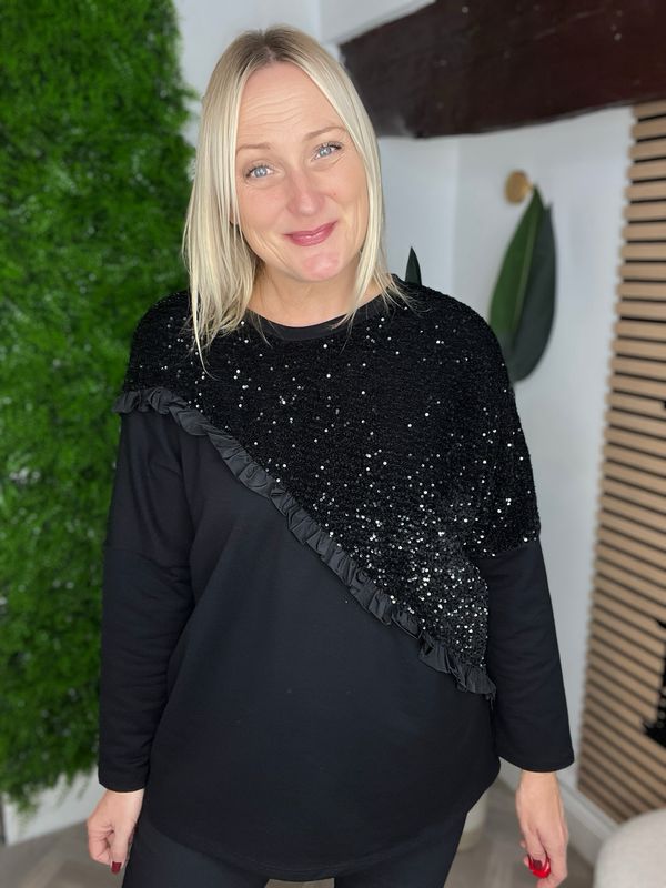 Frill Sequin Detailed Scuba Top - Black Frill Sequin Detailed Scuba Top - Black