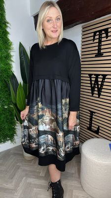 Monet Satin Feel Hem Dress - Black Mix Monet Satin Feel Hem Dress - Black Mix