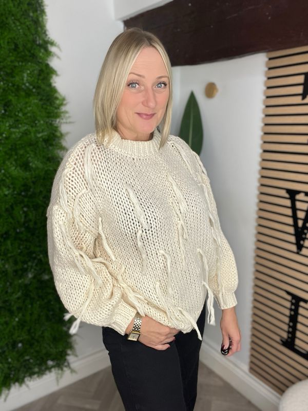 Crew Neck Tassel Jumper - Cream
