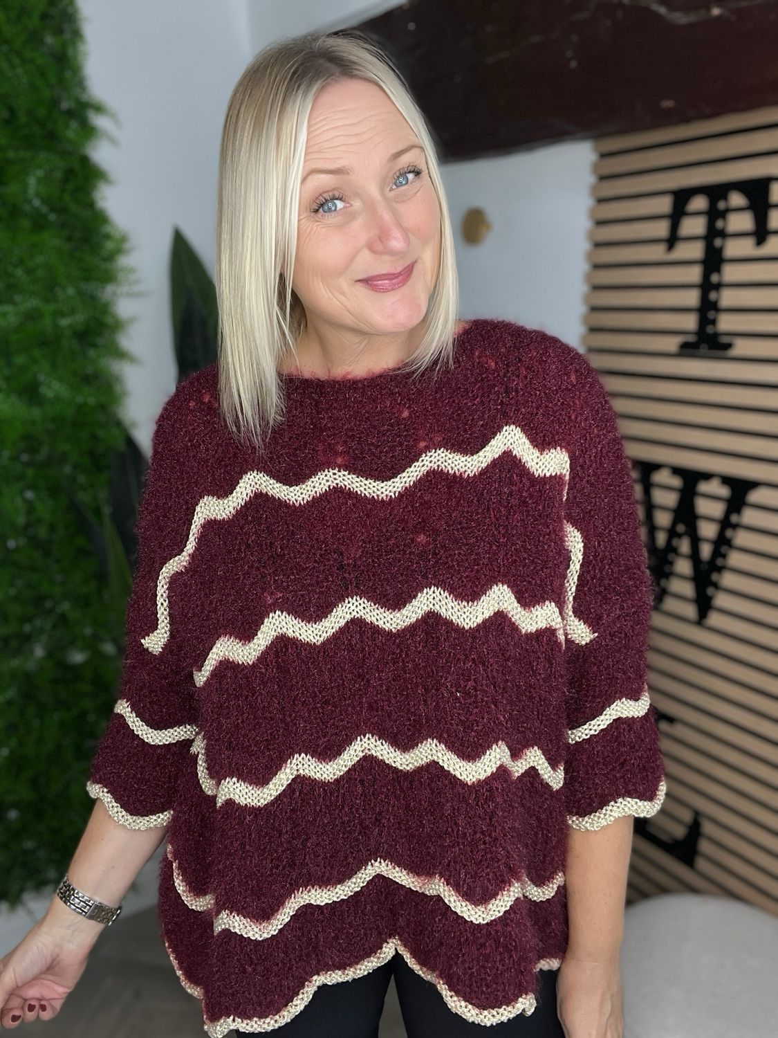 Eyelash Wavy Knit Detailed Jumper - Wine Eyelash Wavy Knit Detailed Jumper - Wine