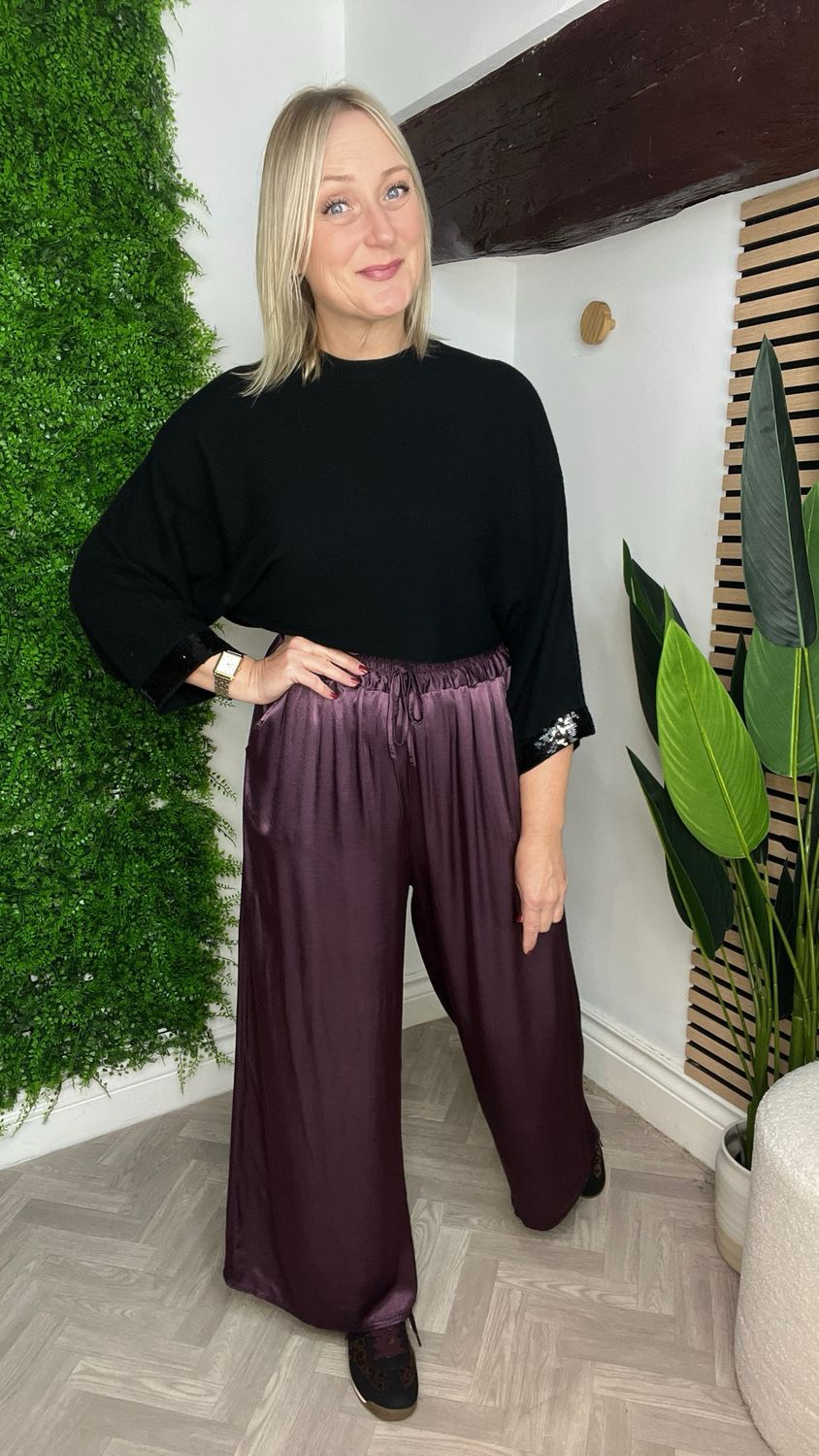 Satin Feel Wide Leg Trousers - Dark Lavender Satin Feel Wide Leg Trousers - Dark Lavender