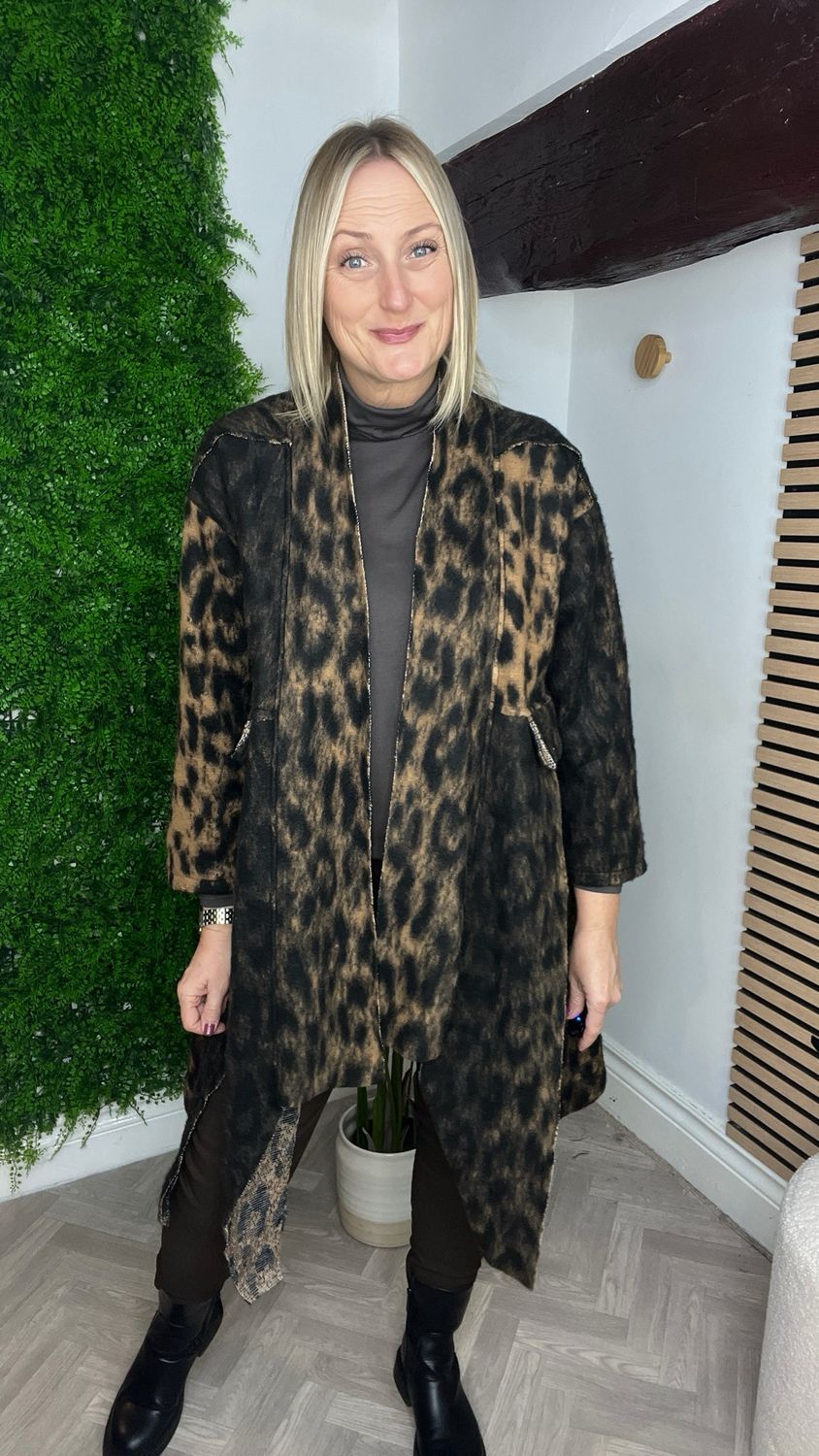 Animal Throw On Coatigan - Camel & Black Animal Throw On Coatigan - Camel & Black