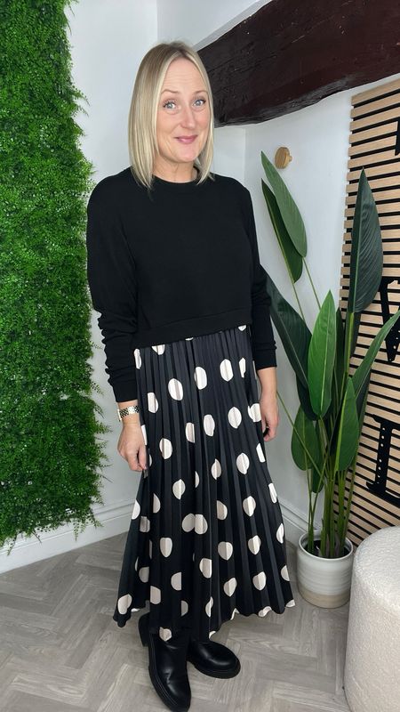 Pleated Spot Dress - Black & Latte