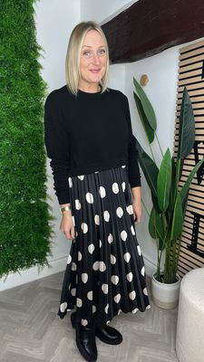 Pleated Spot Dress - Black & Latte Pleated Spot Dress - Black & Latte