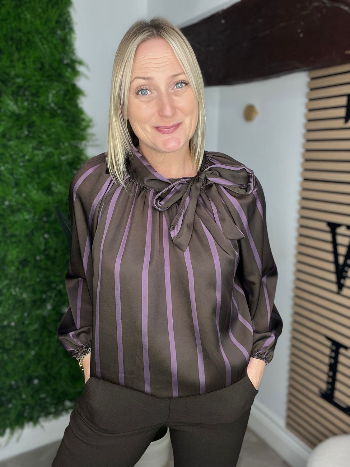 Pussy Bow Striped Blouse - Chocolate & Purple Pussy Bow Striped Blouse - Chocolate & Purple