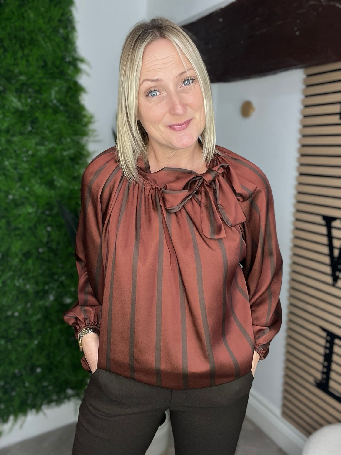 Pussy Bow Striped Blouse - Rust & Chocolate Pussy Bow Striped Blouse - Rust & Chocolate