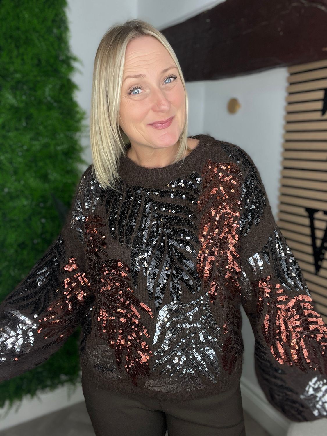 Sequinned Leaf Detailed Jumper - Chocolate Sequinned Leaf Detailed Jumper - Chocolate