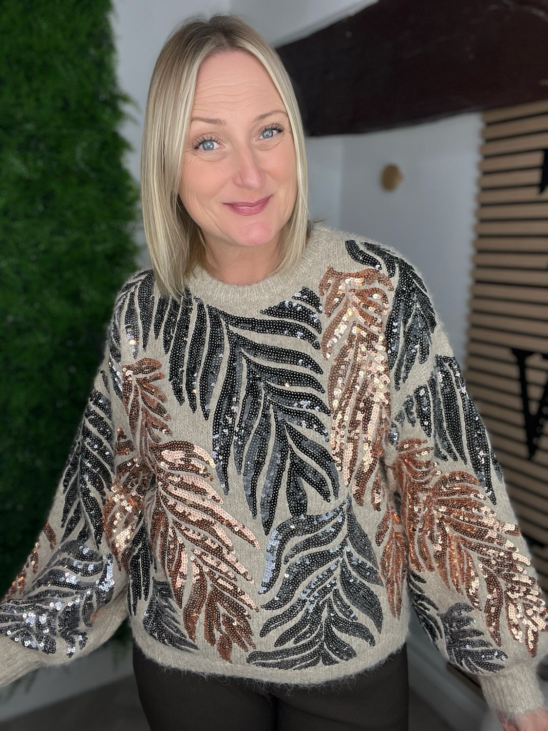 Sequinned Leaf Detailed Jumper - Oatmeal Sequinned Leaf Detailed Jumper - Oatmeal