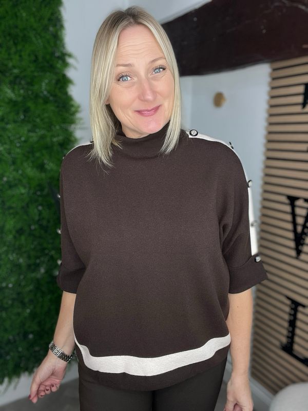 Button & Turn Back Sleeves Jumper - Chocolate & Ecru
