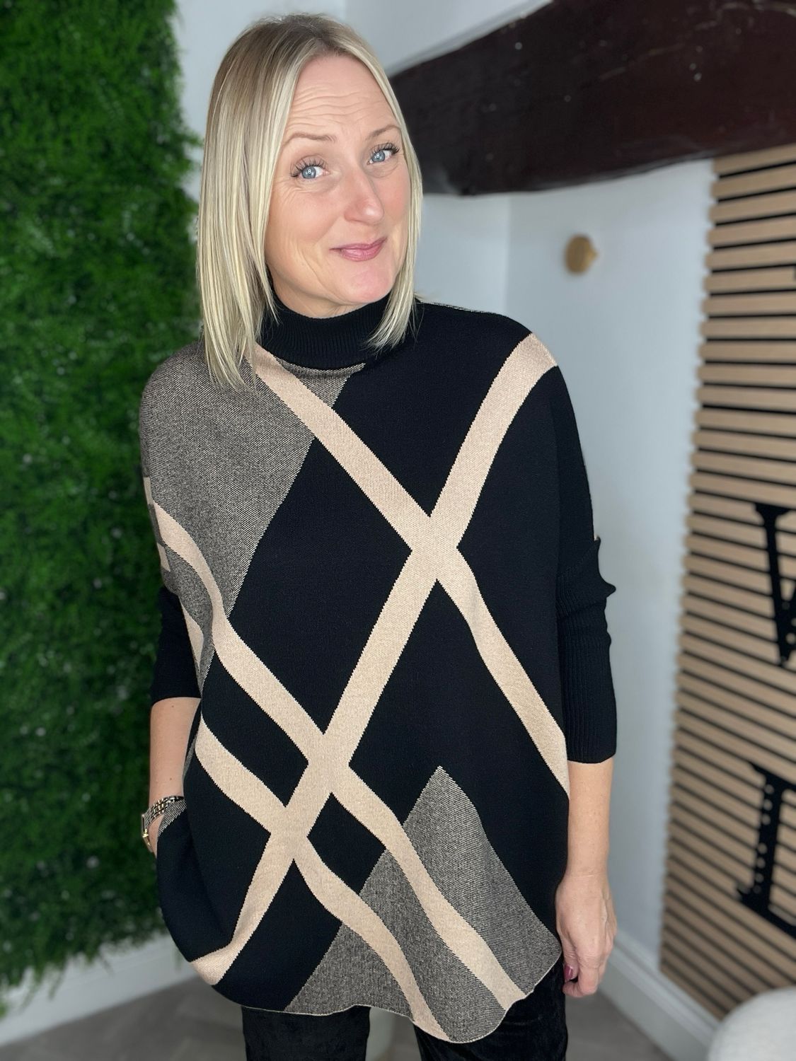 Poncho Style Jumper With Push Back Sleeves - Black & Camel Poncho Style Jumper With Push Back Sleeves - Black & Camel