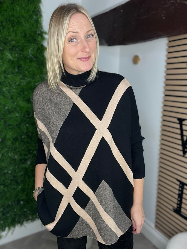 Poncho Style Jumper With Push Back Sleeves - Black & Camel