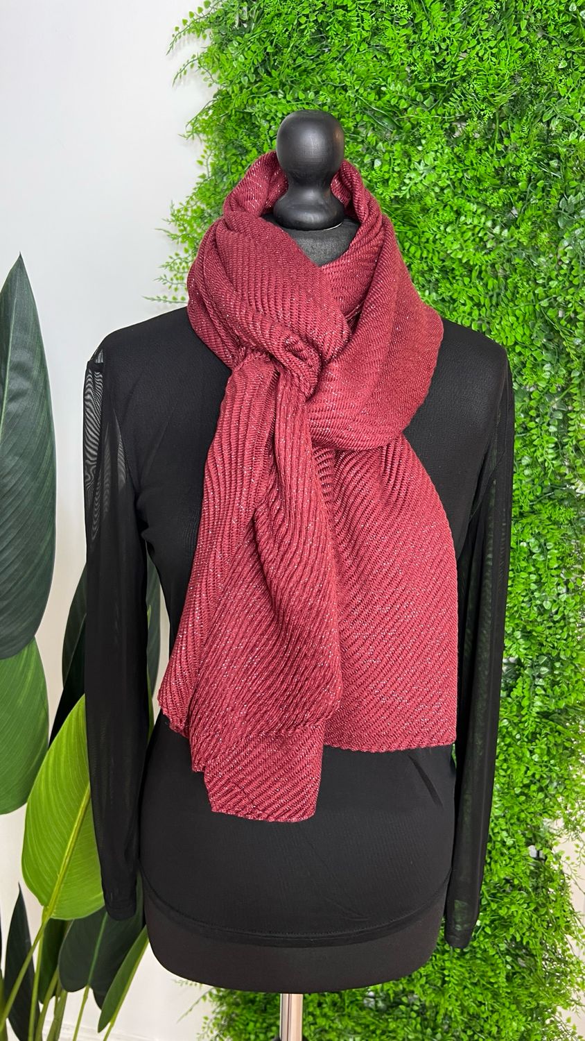 Crinkle Detail Scarf - Wine Silver Fleck Crinkle Detail Scarf - Wine Silver Fleck