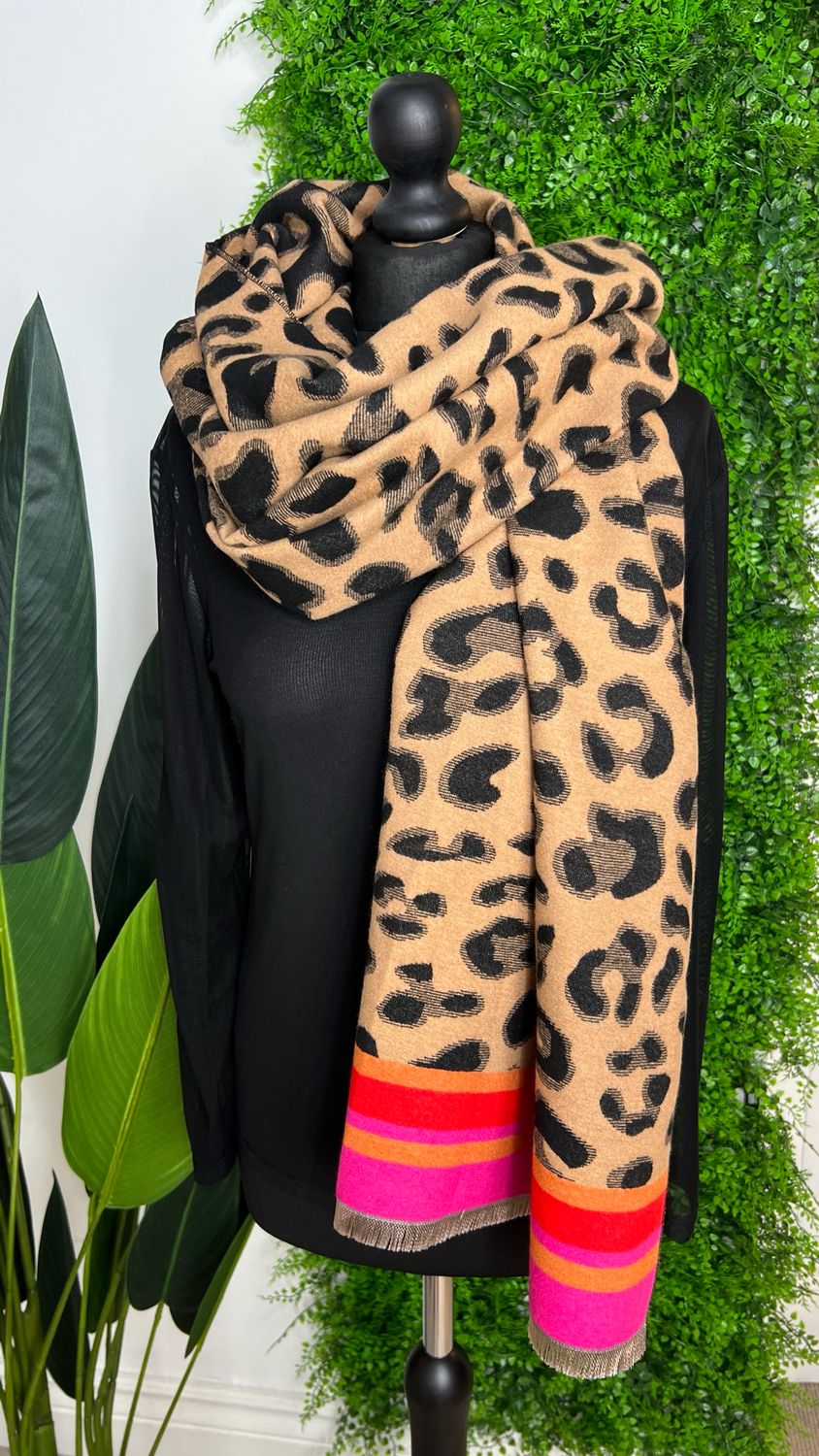 Animal Scarf With Vibrant Stripe - Hot Pink Animal Scarf With Vibrant Stripe - Hot Pink