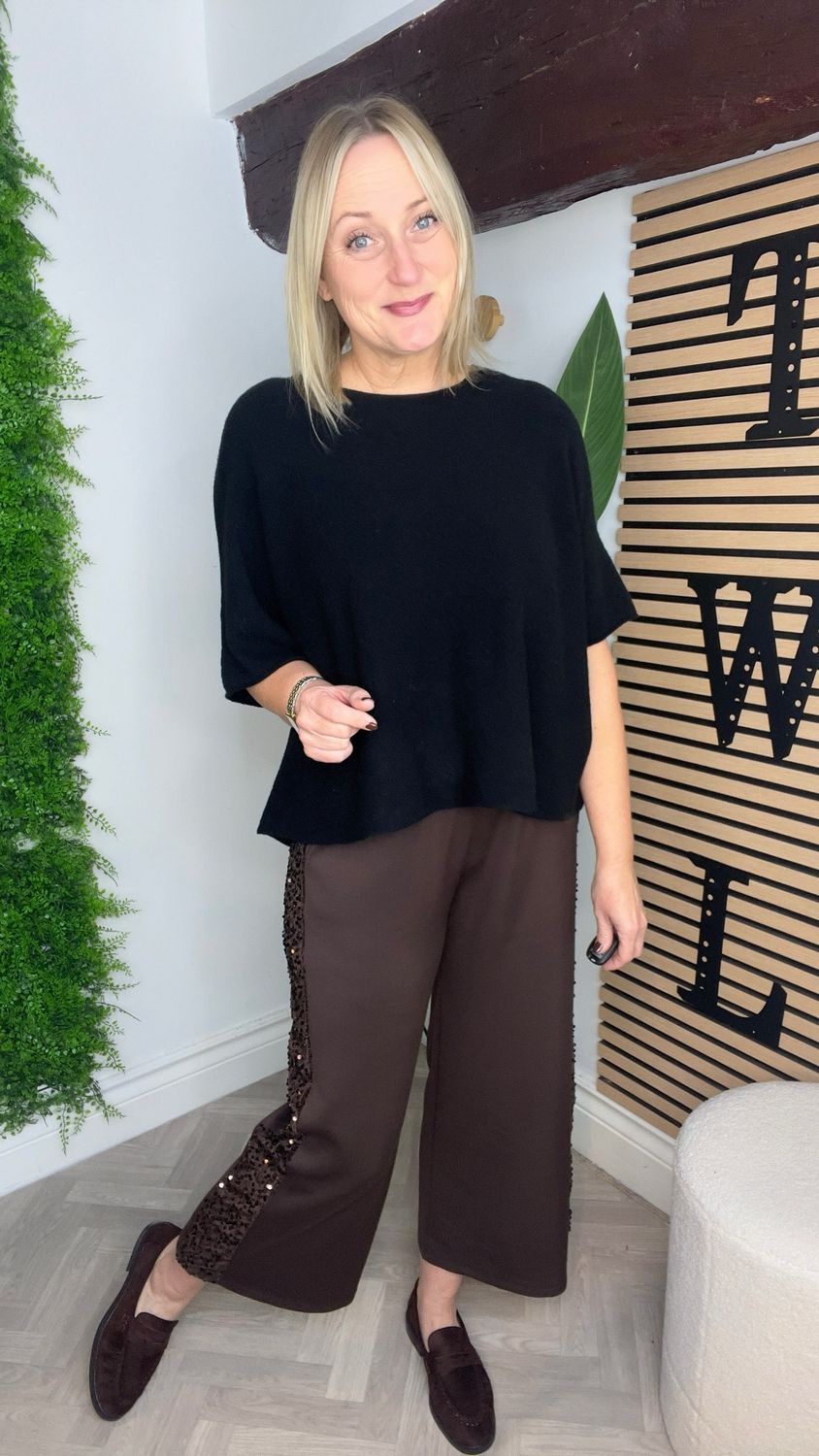 Straight To Wide Leg Sequinned Scuba Trouser - Chocolate Straight To Wide Leg Sequinned Scuba Trouser - Chocolate