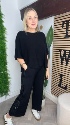 Straight To Wide Leg Sequinned Scuba Trouser -Black Straight To Wide Leg Sequinned Scuba Trouser -Black