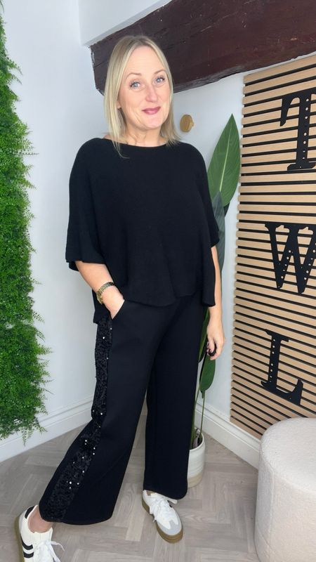 Straight To Wide Leg Sequinned Scuba Trouser -Black