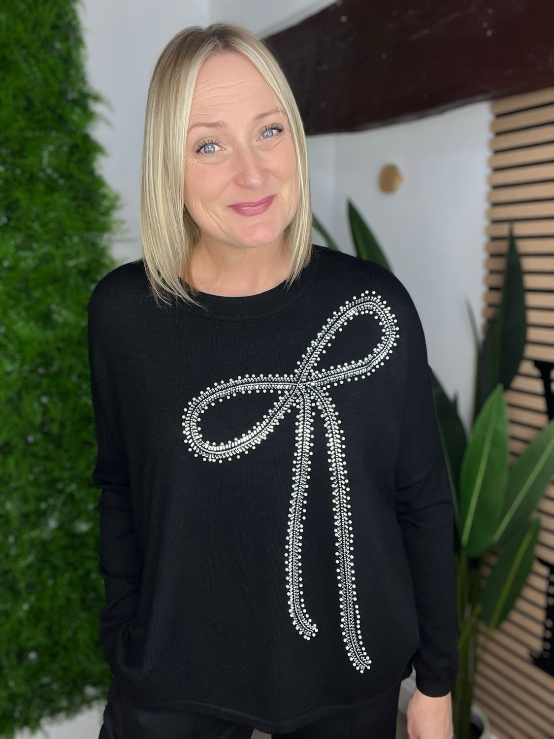 Pearl & Baguette Cut Rhinestone Bow Jumper - Black