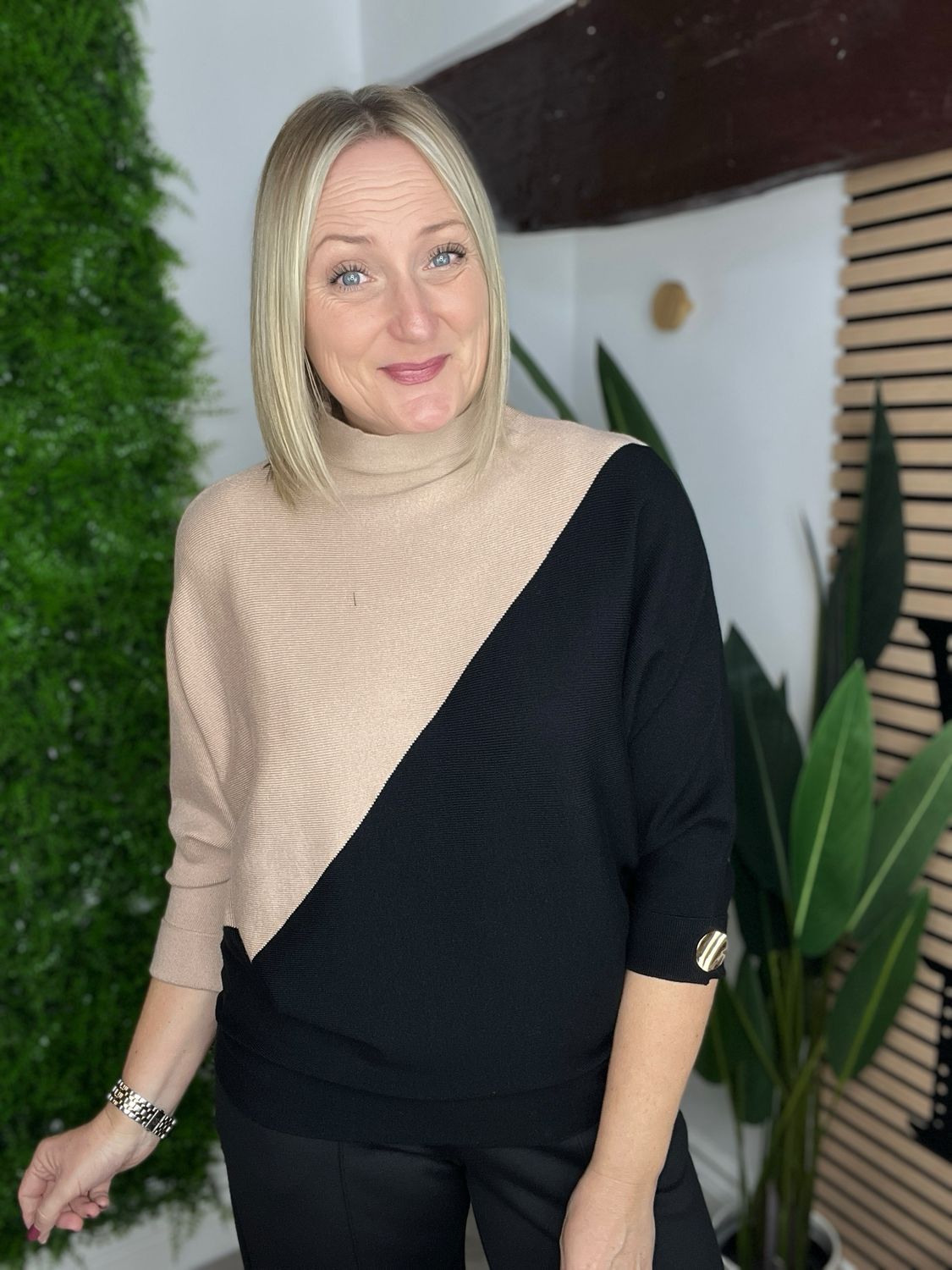 Funnel Neck & Button Back Sleeve Jumper - Black & Camel Funnel Neck & Button Back Sleeve Jumper - Black & Camel