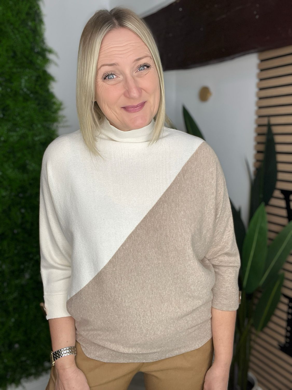 Funnel Neck & Button Back Sleeve Jumper - Ecru & Camel Funnel Neck & Button Back Sleeve Jumper - Ecru & Camel