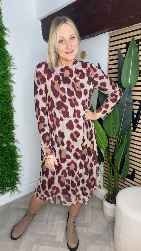 Mesh Animal Print Dress - Camel & Burgundy