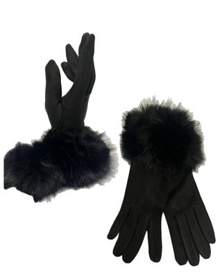 Faux Fur Trimmed Gloves - Black Faux Fur Trimmed Gloves - Black